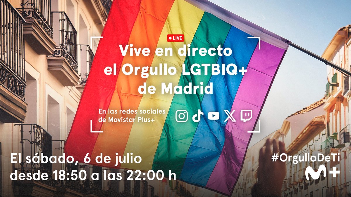 MovistarPlus's tweet photo. Mañana tienes plan con nosotros😉👇
Este sábado 6, desde las 18:50h, ¡no te pierdas la retransmisión en directo de la marcha del Orgullo LGTBIQ+ desde nuestro perfil de Twitter!
Con todos nuestros invitados en plató, las carrozas, reporteros a pie de calle... #OrgulloDeTi 🏳️🌈🏳️⚧️ https://t.co/Ins3EXXrKX