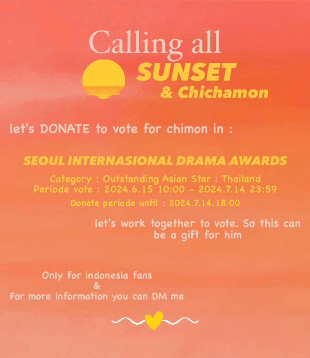 moonlightpc_id's tweet photo. Calling all SUNSET &amp; Chichamon 

Hi guyss 🫶🏻
Aku buka donate nih buat vote chimon, berharap bisa jdi hadiah buat dia 💛 
Ga ada minimal nya ya. Bebas kalian mau donate berapa pun dan sangat di terima. 
Dan untuk info trf kemana nya DM aku ya. 💛 #ChimonWachirawit #Chimonac https://t.co/XS10aqk4F5