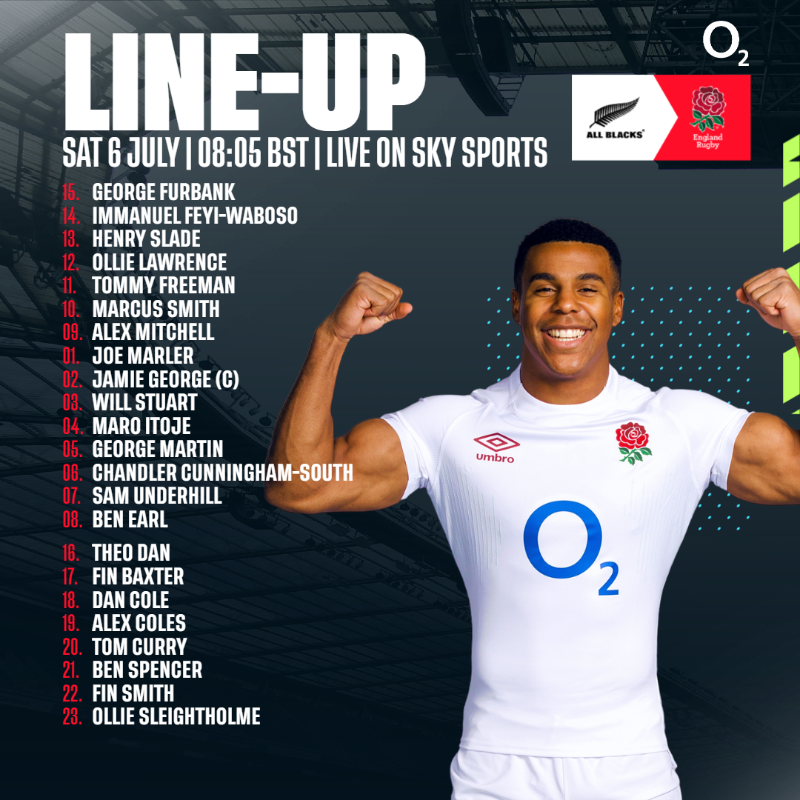 EnglandRugby's tweet photo. Get those alarms set! ⏰

This is your team to face the @AllBlacks – live on @SkySports 📺

#NZLvENG