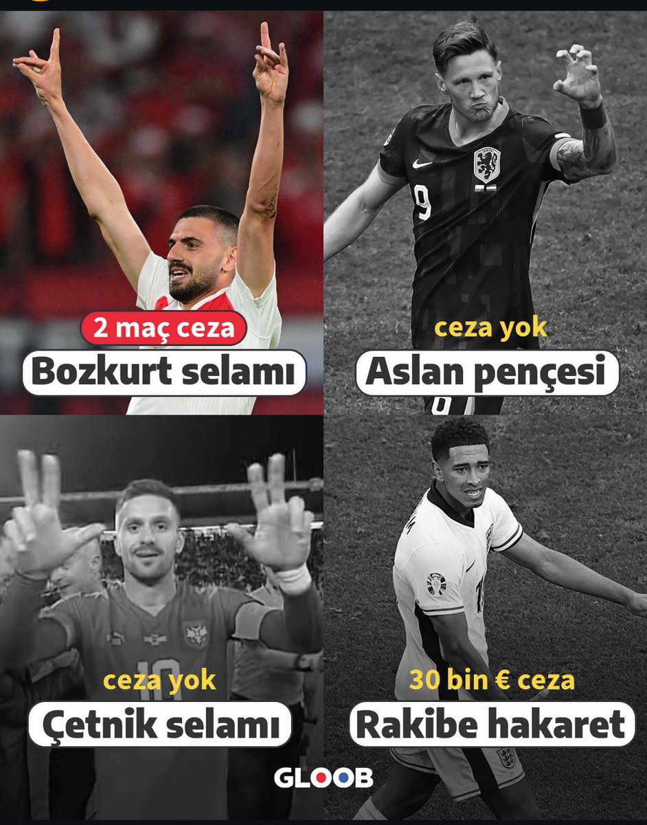 Çifte standart. Hollandalı oyuncular sembolleri olan Aslan işareti yapınca ceza yok, Türk sembolünü yapınca 2 maç ceza, İnsan hakları değil İsa’nın hakları işlemeye devam ediyor söz de özgürlükler, demokrasi dünyası Avrupa’da .
 #BeFairUEFA #EURo2024