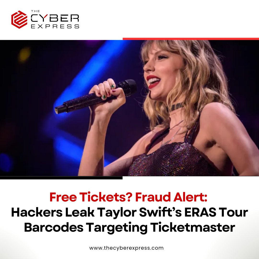 TheCyberExpress's tweet photo. Hackers have leaked 170,000 valid barcodes for Taylor Swift's ERAS Tour, targeting Ticketmaster. 
They're demanding $2M, threatening more leaks worth $4.67B.

Read the full story: https://t.co/6c8pOouRIl

#CyberSecurity #TaylorSwift #Ticketmaster #ERASTour #DataBreach #FraudAlert https://t.co/1C9DHfO6nQ