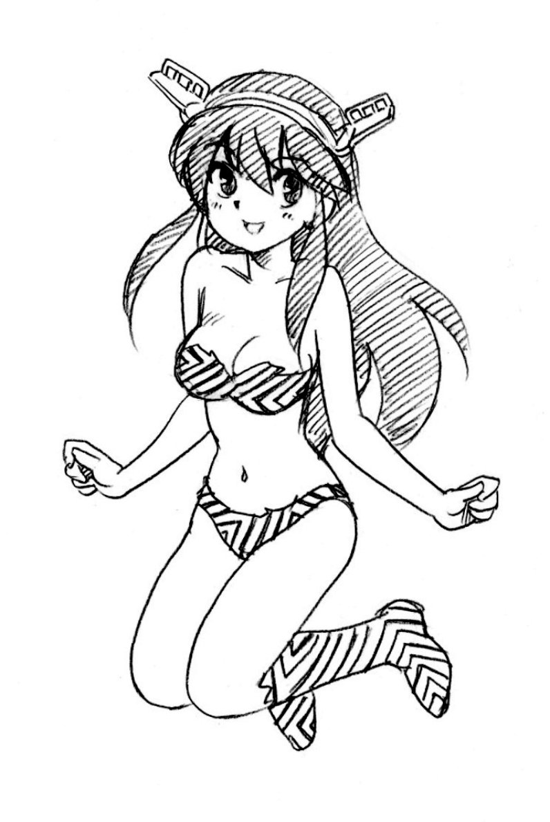 三隈(艦これ) 「#ビキニの日三隈ラム……じゃなく、マスプロアンテナのプロ子ダズル迷彩の榛名三段空」|浅利与一義遠のイラスト
