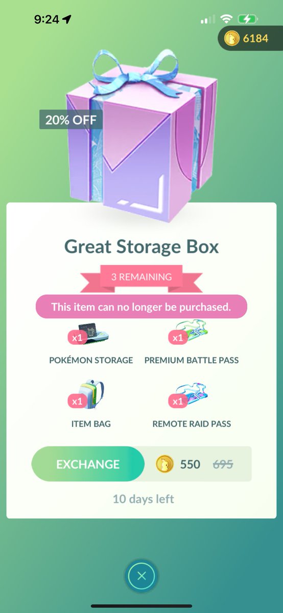 hoserene's tweet photo. @NianticHelp I tried to buy the Great Storage Box but was told that it is no longer available for purchase. My storage is not full and I only have 2 remote passes. Please help https://t.co/BDcwbq8r62