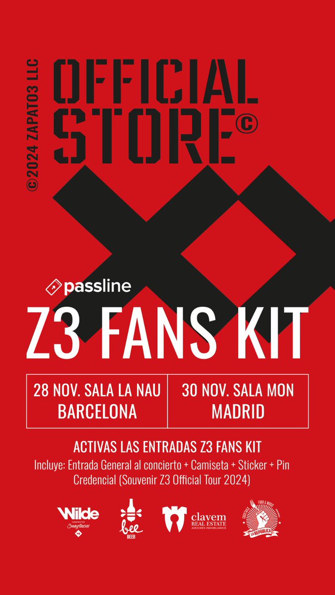 Activas las entradas Z3 FANS KIT
INCLUYE: Entrada general al concierto + Camiseta + Sticker + Pin + Credencial (Souvenir Official Tour 2024)
Cantidad Limitada passline.com