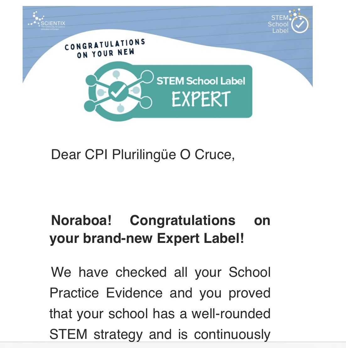 cienciaocruce's tweet photo. Oh yeah!! 🤩🥰 We are so proud and grateful to have achieved finally the “expert” level accreditation of the STEM school label today! 🥳👏🙏😅 Thank you very much @scientix_eu @scientix_es we will continue working hard on STEAM projects! 💪🤗 @EduXunta https://t.co/Dbc9l4JRzm