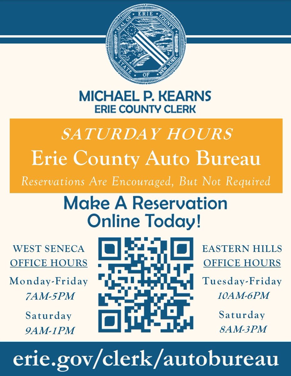 ErieCountyClerk's tweet photo. For your convenience, the Erie County Auto Bureau has 2⃣ branches OPEN on Saturdays so you can conduct your #DMV transactions quick & easy‼️
Reservations are encouraged at @EHMshoppoing &
@SouthgatePlaza locations. Book your appointment using QR code.
#RenewLocal #REALID https://t.co/TN78QAvgpi