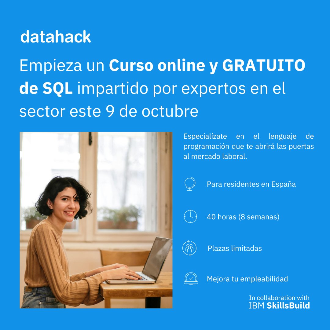 datahack_'s tweet photo. ¡Certifícate en lenguaje SQL! 👨‍💻
|Solo para residentes en España|

↪️ Accede ahora a la inscripción: https://t.co/nVJXbwRa3R

💯 Con el Curso GRATUITO de SQL, este 𝟵 𝗱𝗲 𝗼𝗰𝘁𝘂𝗯𝗿𝗲 𝗱𝗲 𝟮𝟬𝟮𝟰 te formarás en una modalidad 100% online y práctica desde cualquier lugar. https://t.co/mMMChHGSH2