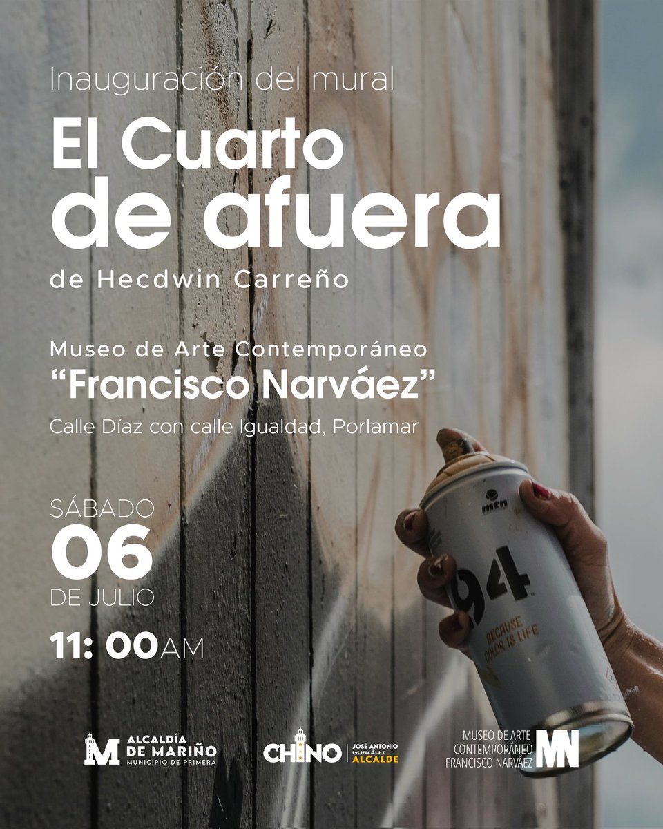 Mañana es día de artes y expresión urbana con "El Cuarto de Afuera".

A las 11:00am de mañana #06Jul estaremos presenciando la inauguración de un mural, ejecutado con las manos y el ingenio de Hecdwin quien con su arte, contribuye a la armonización de los espacios,
#05Jul