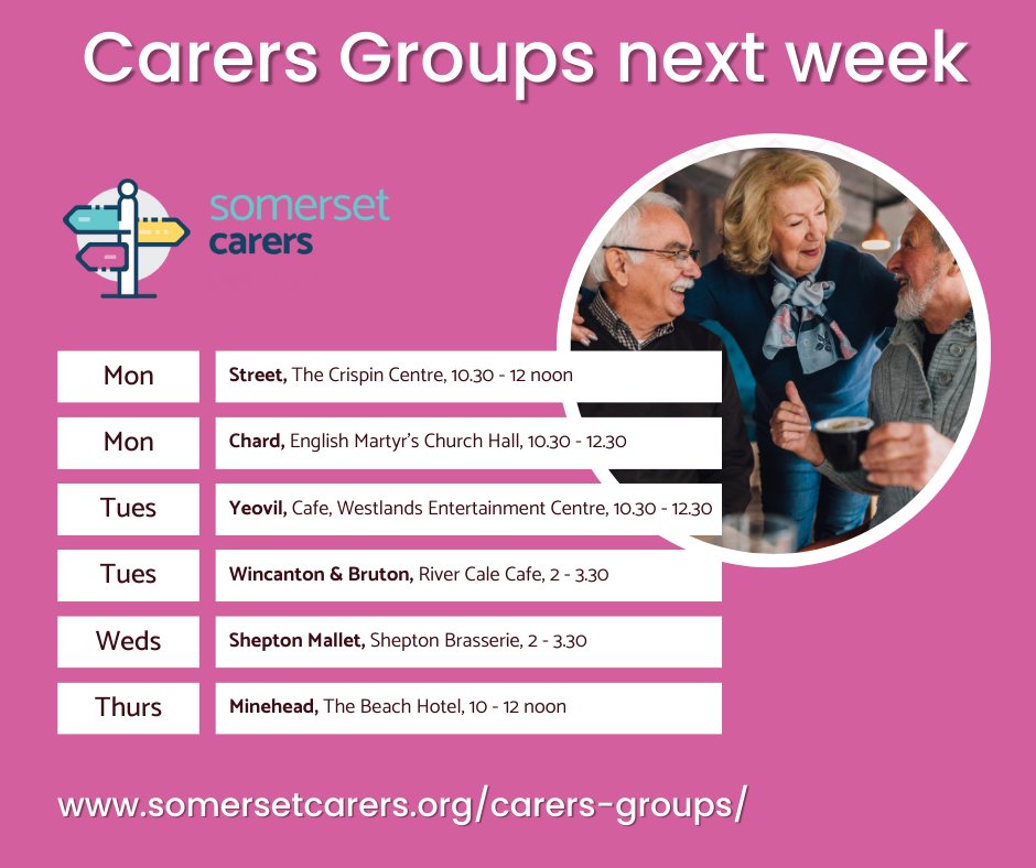 Next week we have six Somerset Carers Groups in #Street, #Chard, #Yeovil, #Wincanton, #SheptonMallet and #Minehead. If it's your first time, please get in touch before the group. Visit somersetcarers.org/carers-groups/ for contact details. #somersetcarers #carersgroup