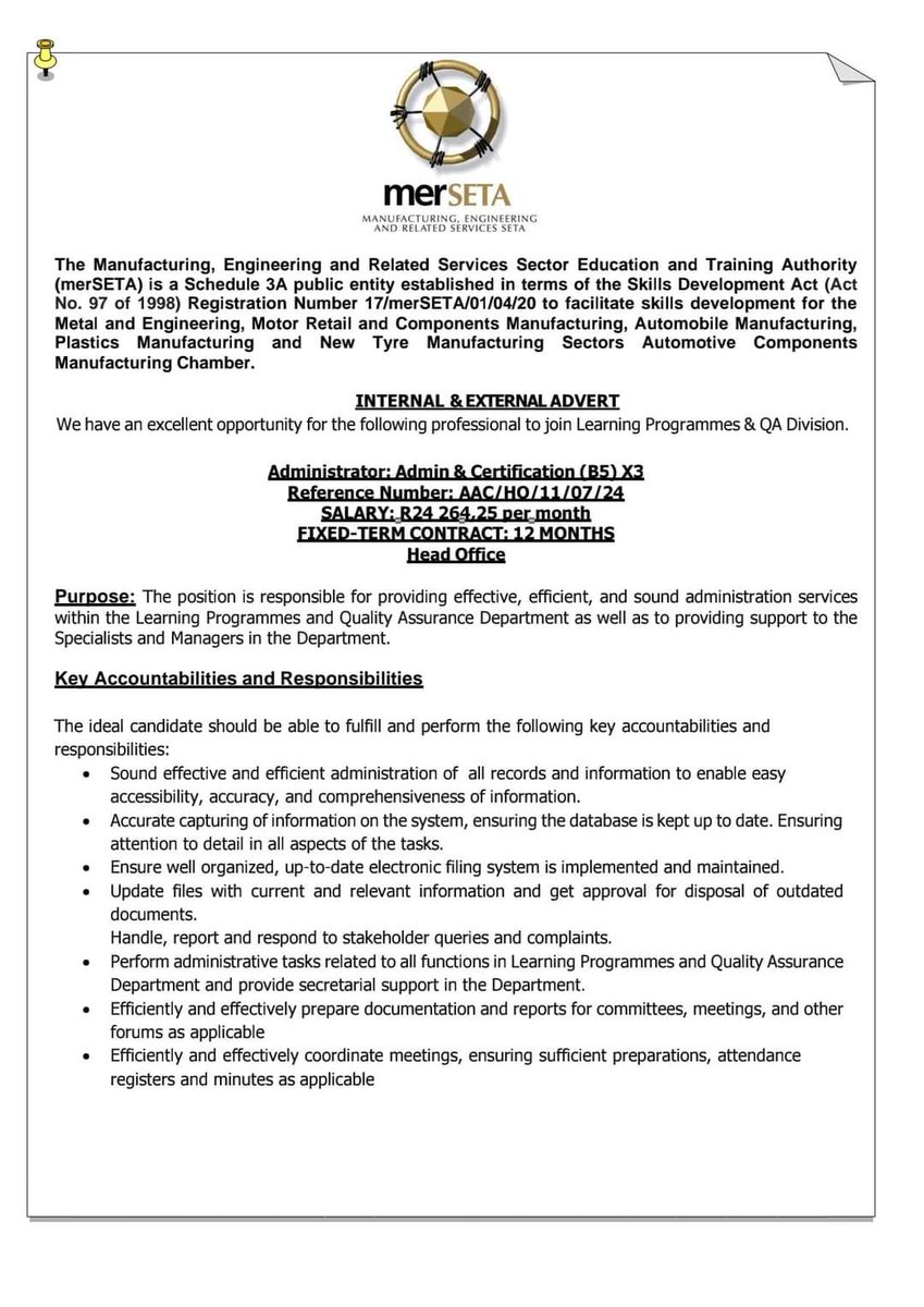 Thabang Mabulana on X: 'We are Hiring! MerSETA is hiring a ...'
