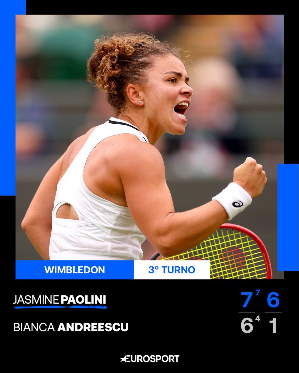Eurosport_IT's tweet photo. UNA SPLENDIDA JASMINE VOLA AGLI OTTAVI ✈️🎾🇮🇹

Paolini supera in due set la canadese Bianca Andreescu e raggiunge gli Ottavi di Finale a Wimbledon 🌱🎾🇬🇧

#EurosportTENNIS #Tennis #Wimbledon #Paolini https://t.co/pmKIgCWD3J