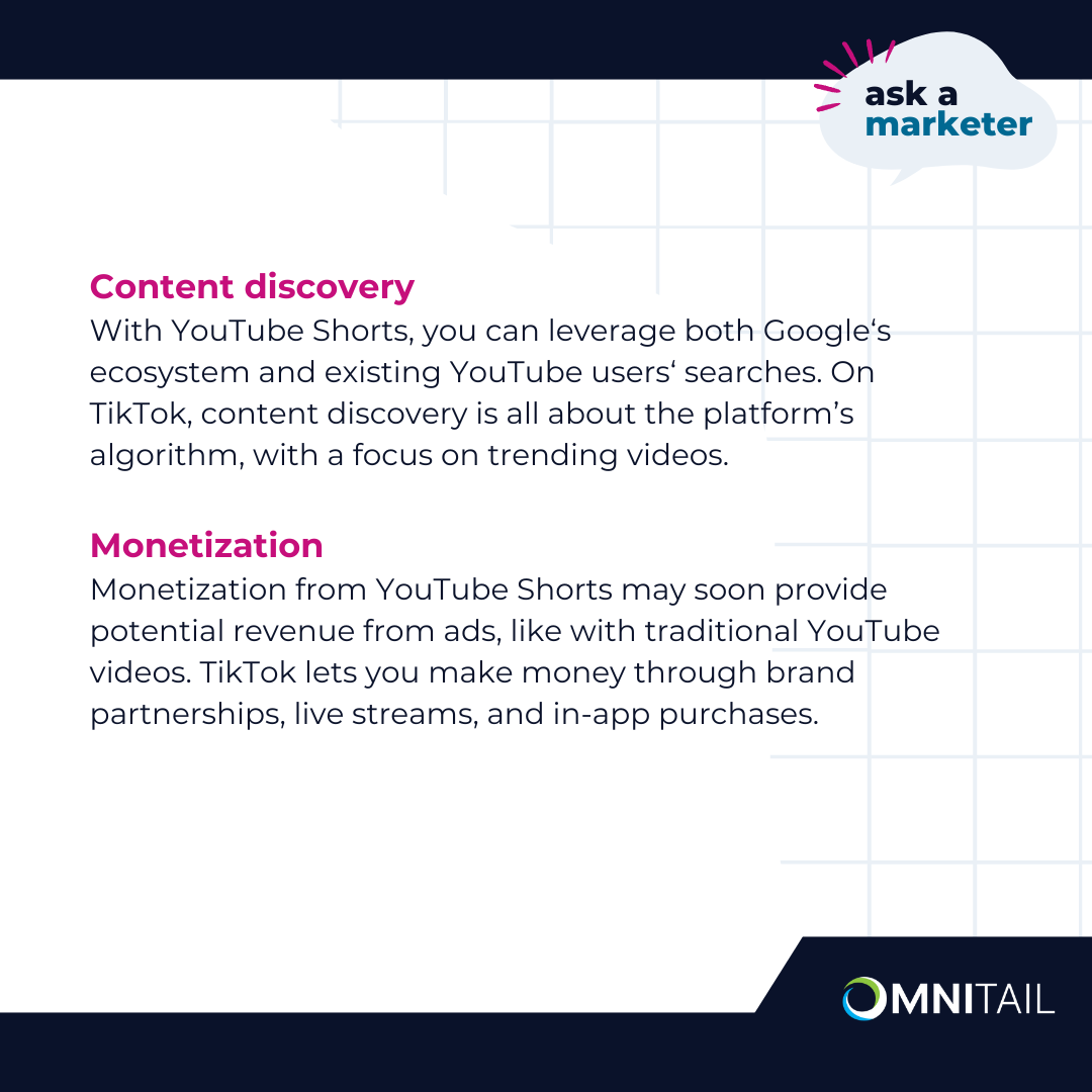 Omnitail_LLC's tweet photo. What's the difference between #YouTubeShorts and #TikTok? 🤔

Find out in our #AskAMarketer post and learn how to use both to benefit your brand! ➡️ https://t.co/08EVjlLEoS

#TikTokShop #Marketing #DigitalMarketing #ECommerceMarketing #Advertising #VideoMarketing https://t.co/wGRV0c11LF