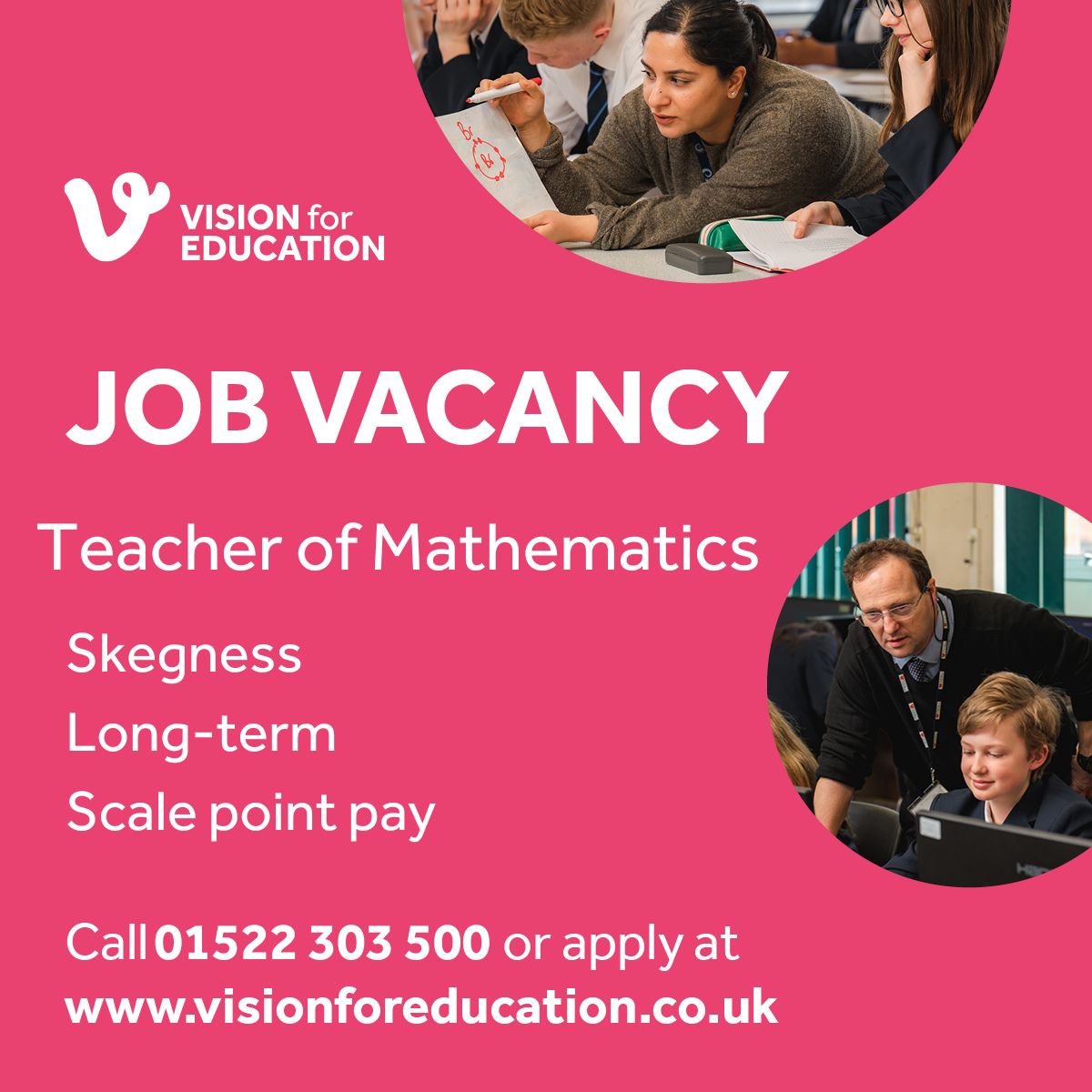 We are working with a secondary school in Skegness to appoint a Mathematics teacher to engage and motivate students in the world of Mathematics. This role is to start September.

Apply today via our website, or for more information  call us on 01522 303 500.

#VisionforEducation