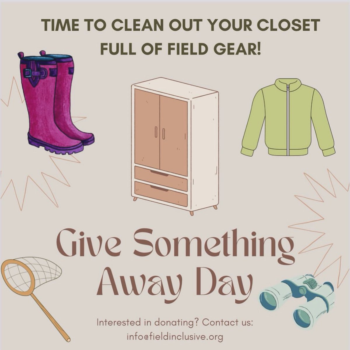 We are now accepting more donations for our Field Gear Closet! 
•
It is one of our goals to seek ways we can continue to break down barriers and access to those who professionally work or enjoy the outdoors. When it comes to items for field work like clothing or equipment, or