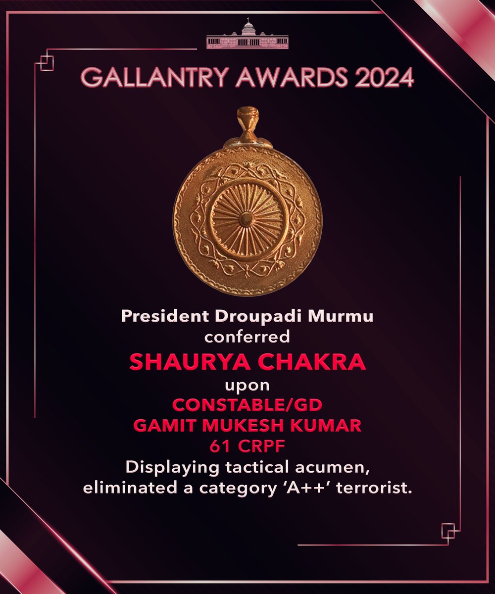 rashtrapatibhvn's tweet photo. President Droupadi Murmu conferred Shaurya Chakra upon Constable/GD Gamit Mukesh Kumar, 61 CRPF. In 2021 during a joint operation in Srinagar (Jammu and Kashmir), he displayed tactical acumen and nerves of steel and eliminated a terrorist who was later identified as a category ‘A++’ terrorist.