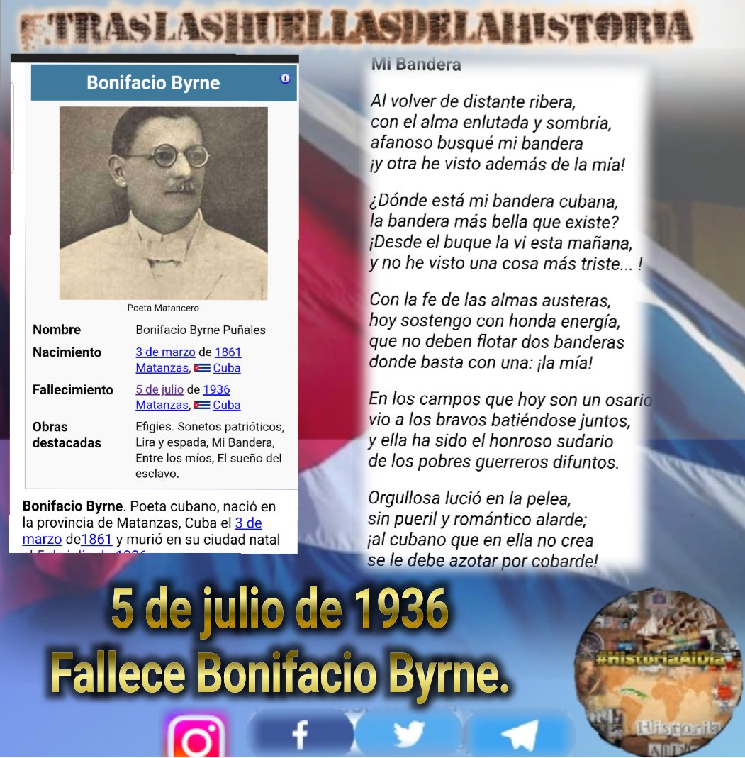 VidePvide's tweet photo. Comparte, ama y Divulga la Verdad de la Historia 🇨🇺📲
 Efemérides del 5 de julio 
👣Cae en combate en Loma del Gato José Maceo.
👣Fallece Mario García Labredo Arango.
👣Fallece Bonifacio Byrne.
👣Comienza la Batalla de Kursk.
 #HistoriaAlDía #IzquierdaLatina #TitanesDeCorazón https://t.co/awcIrDuP5M