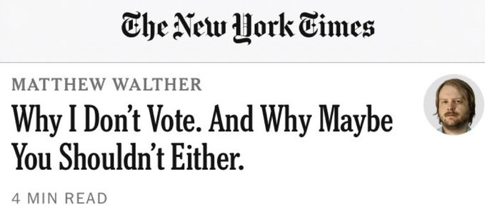 The NY Times published this piece on July 4th, to convince Americans to NOT vote, written by a guy who DOES vote, a guy who is a right wing Christian nationalist, a guy who reportedly supported the January 6 insurrection, and a guy who cosplays Hitler.

Legacy media is a failure.