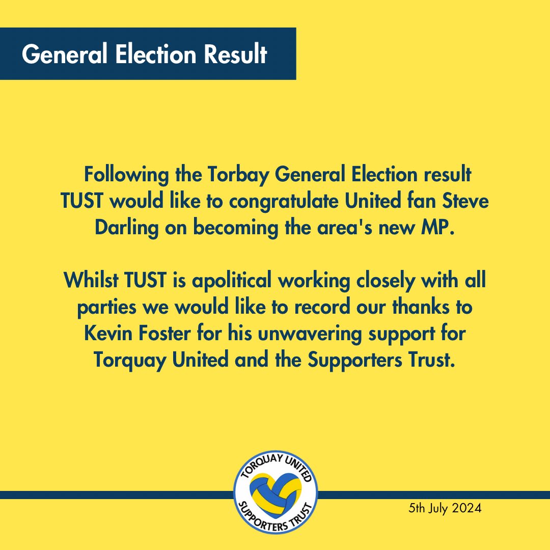 TUSTCOYY's tweet image. 🗳️ General Election Result 🗳️

#TUST #TUFC #Torbay