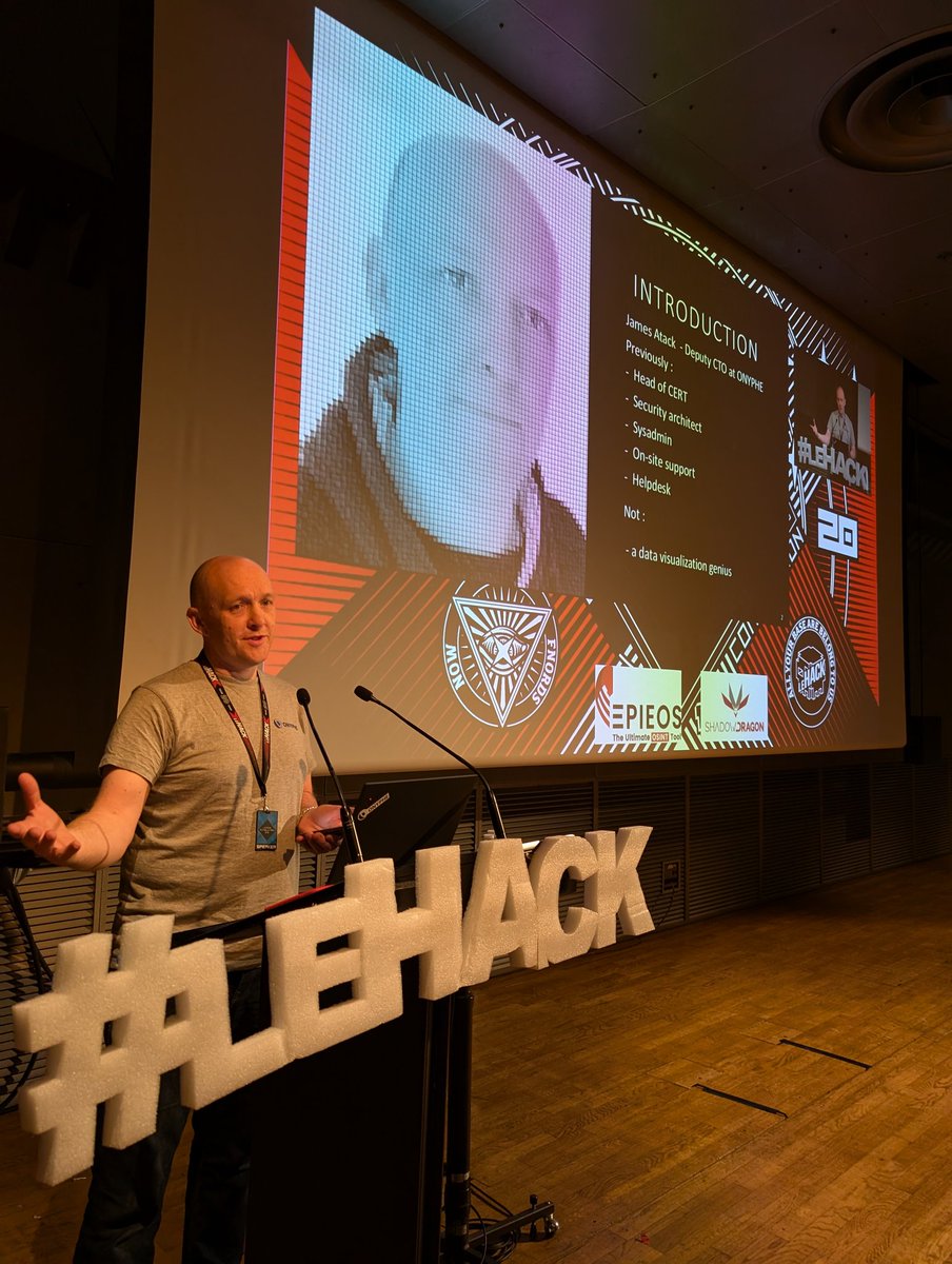 Now on stage at <a href="/_leHACK_/">leHACK</a> #OsintVillage, <a href="/JamesAtack/">James Atack | @jamesatack.com</a> from <a href="/onyphe/">@onyphe.io</a> to talk about investigations on routers cyberattacks.