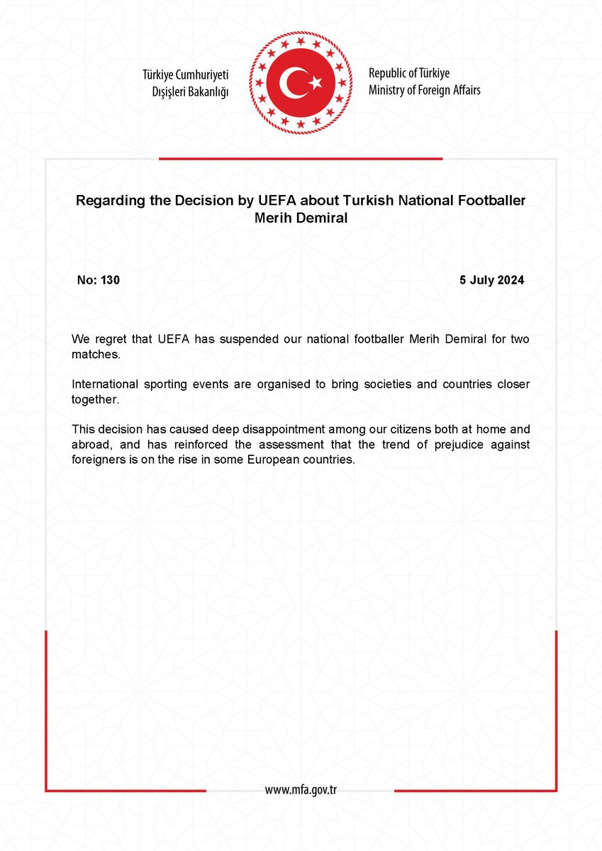 MFATurkiye's tweet photo. Regarding the Decision by UEFA about Turkish National Footballer Merih Demiral https://t.co/LhauxdhkJl https://t.co/tyH9WzIs4B