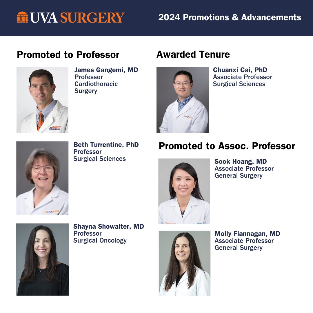 Congratulations to our newly promoted faculty members! This achievement is a testament to their dedication, hard work, and exceptional contributions to our academic community. We look forward to celebrating their continued success and contributions to UVA Surgery! #HoosUVASurgery
