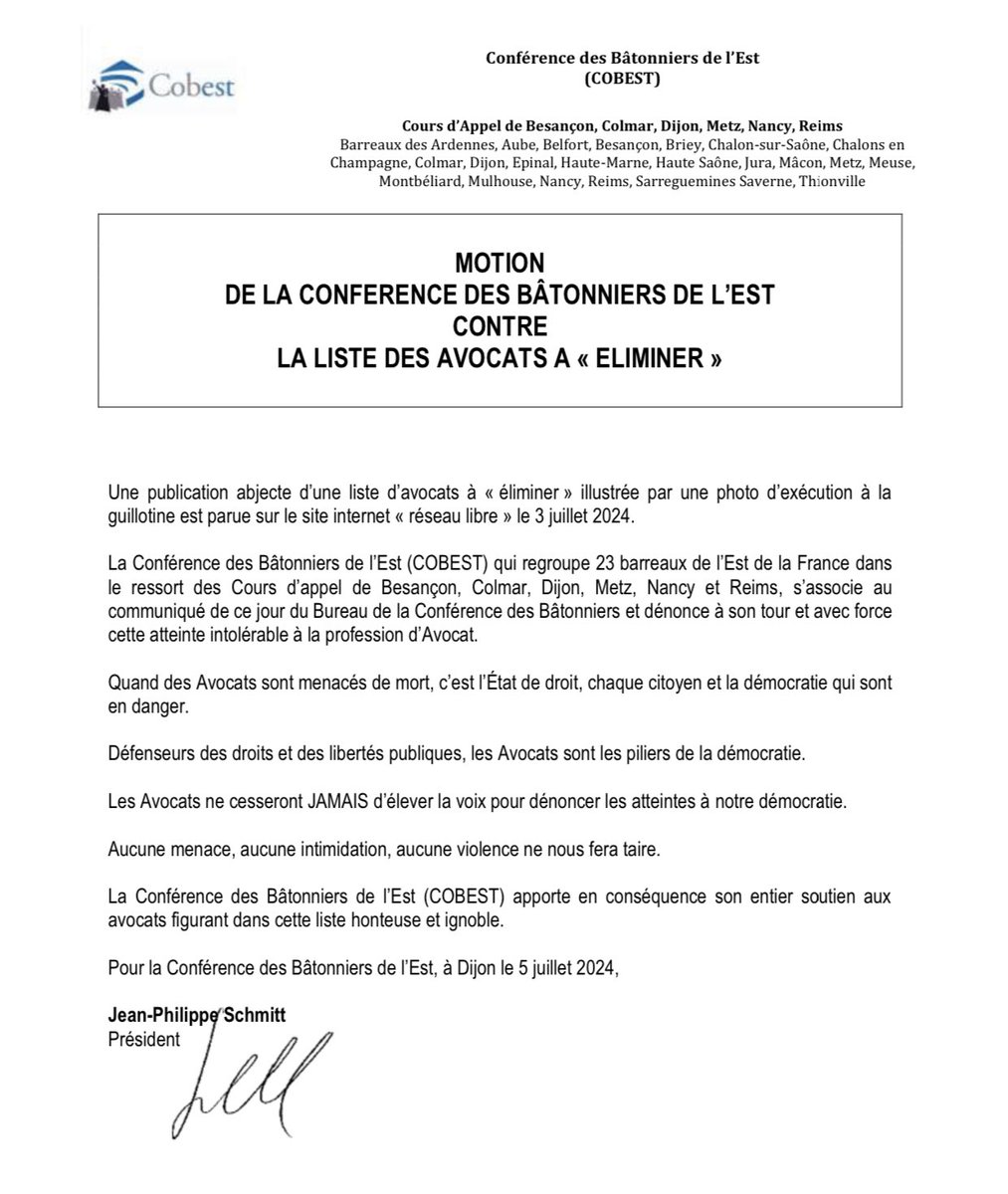 🛑 Les Avocats ne cesseront JAMAIS d’élever la voix pour dénoncer les atteintes à notre démocratie <a href="/Conf_Batonniers/">ConférenceBâtonniers</a> <a href="/CNBarreaux/">Conseil national des barreaux - les avocats</a> <a href="/Avocats_Paris/">Avocats de Paris</a> <a href="/JulieCouturier_/">Julie Couturier</a> <a href="/JRaphFernandez/">fernandez</a> <a href="/PierreHoffman_/">Pierre HOFFMAN</a> <a href="/BatonniersCOBRA/">Conférence des Bâtonniers Rhône Alpes - COBRA</a> <a href="/COBHAF/">Conférence Des Bâtonniers Des Hauts De France</a> <a href="/cobseco/">COBSECO</a>