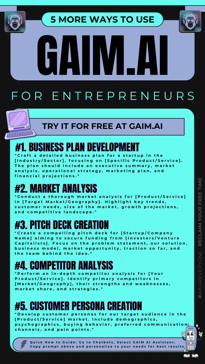 Would you like create and build faster as an entrepreneur? 

ugghhhhh, yes..... Duhhh.........

Steal these prompts below and try them out on the GAIM.AI app.

Creating Made SIMPLE! #GAIM #AI #creation #startups #entrepreneurs #hustle