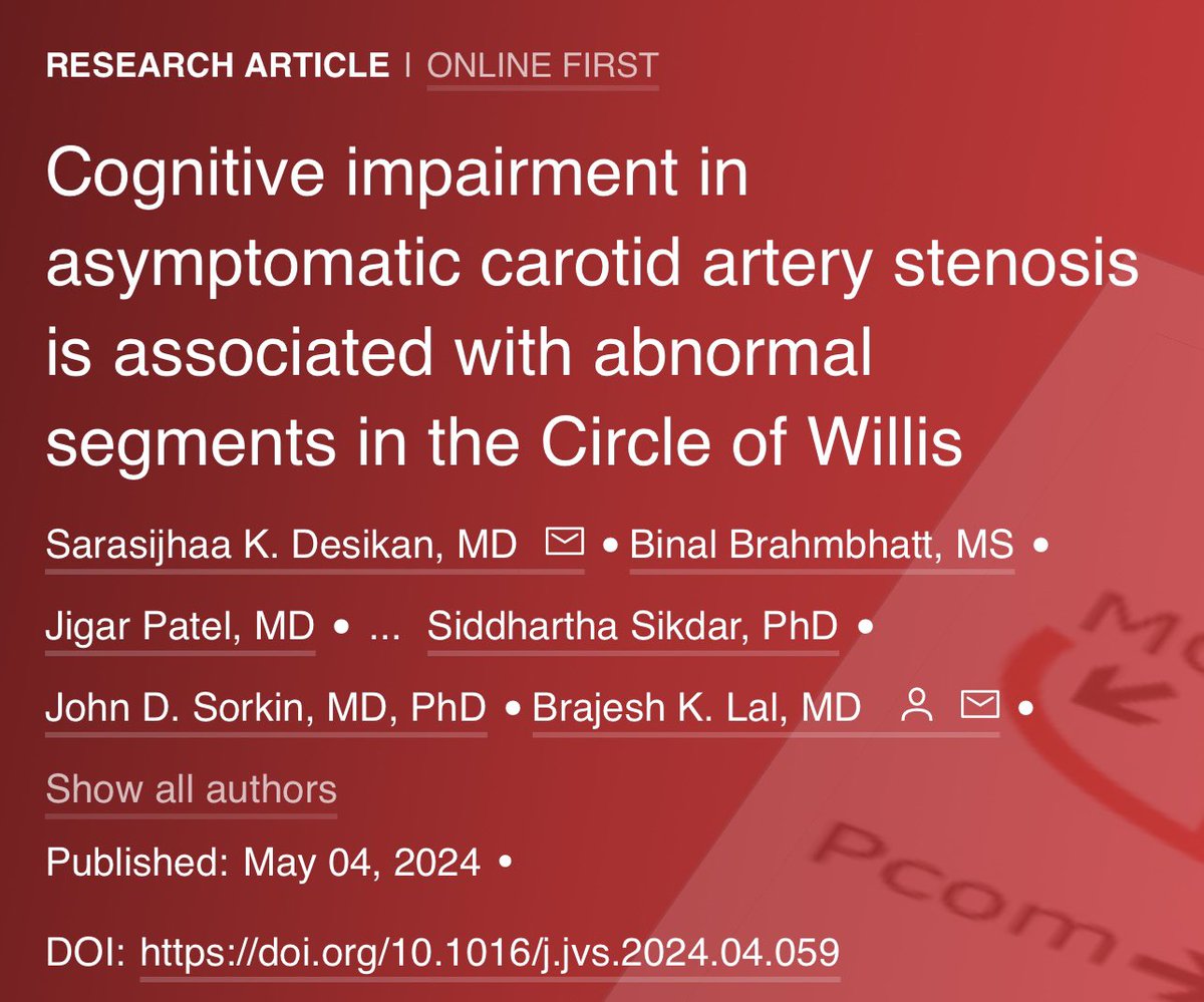 The Center For Vascular Research (@the_cvr) on Twitter photo Our recent work in <a href="/JVascSurg/">Journal of Vascular Surgery</a> reveals that patients with high-grade asymptomatic carotid stenosis and reduced collateral compensation via the Circle of Willis have poorer cognitive function. #BrainHealth #VascularDementia #CarotidStenosis jvascsurg.org/article/S0741-… Our recent work in <a href="/JVascSurg/">Journal of Vascular Surgery</a> reveals that patients with high-grade asymptomatic carotid stenosis and reduced collateral compensation via the Circle of Willis have poorer cognitive function. #BrainHealth #VascularDementia #CarotidStenosis jvascsurg.org/article/S0741-…