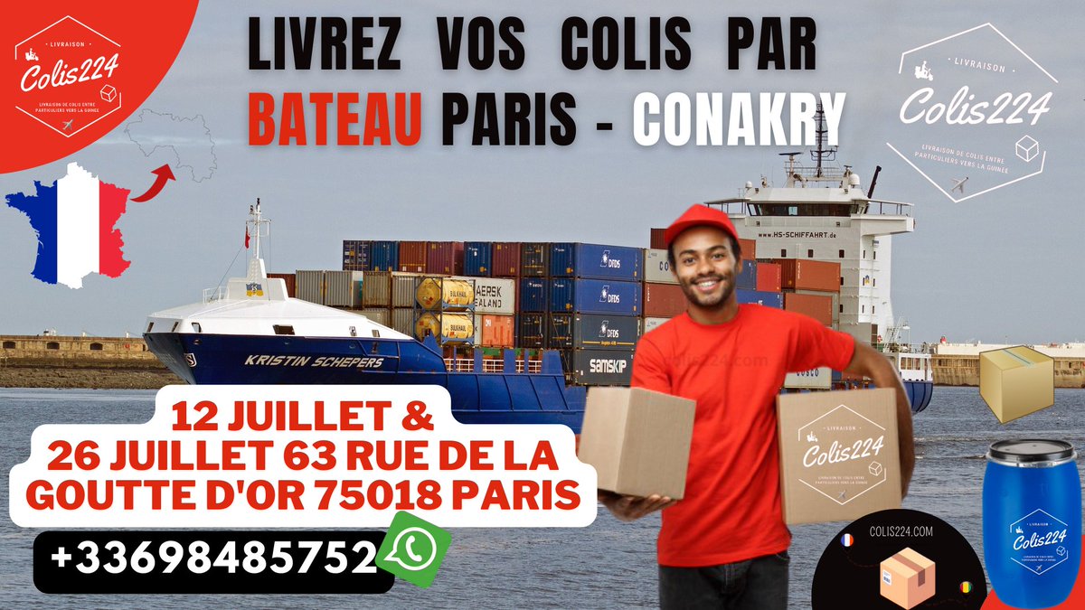 colis224's tweet photo. ✨🚢 **Prochaines dates d'envois par bateau avec Colis224!** 🚢✨

📅 **12 juillet 2024** : Envoi de colis Paris-Conakry
📅 **26 juillet 2024** : Envoi de conteneurs France-Conakry https://t.co/U6Tbmn8utJ