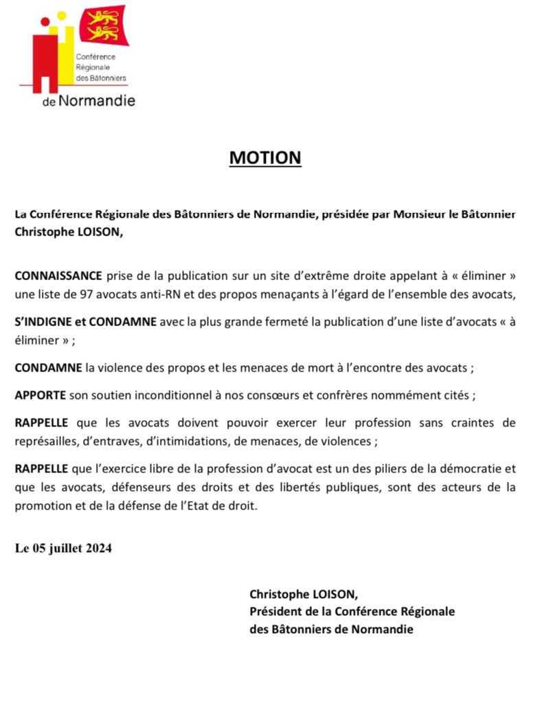Motion de la conférence régionale des @batonniers de <a href="/normandie/">life</a> suite à la publication sur un site d’extrême droite d’une liste d’avocats à « éliminer » <a href="/BarreauCaen/">Barreau de Caen</a> <a href="/BarreauRouen/">Barreau de Rouen</a> <a href="/Barreau_Chrbg/">Barreau de Cherbourg</a> <a href="/BarreauLeHavre/">Barreau du Havre</a> <a href="/BarreauLisieux/">Barreau de Lisieux</a> <a href="/Conf_Batonniers/">ConférenceBâtonniers</a> <a href="/CNBarreaux/">Conseil national des barreaux - les avocats</a>