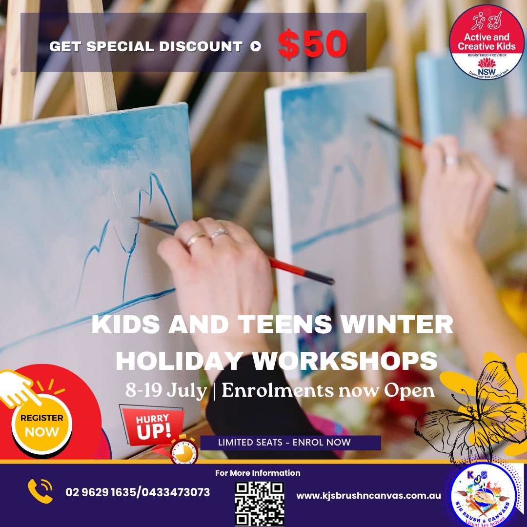 kjsbrushncanvas's tweet photo. Take advantage of a 5% EarlyBird discount by using promo code KJSWINTER24 at checkout before July 10th.

📣 Less than 1 weeks until the Winter School Holidays 

#creativekidsvoucher #holidayworkshop #artclass https://t.co/9acsgEa6sH