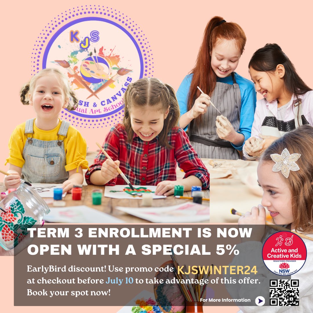 kjsbrushncanvas's tweet photo. Take advantage of a 5% EarlyBird discount by using promo code KJSWINTER24 at checkout before July 10th.

📣 Less than 1 weeks until the Winter School Holidays 

#creativekidsvoucher #holidayworkshop #artclass https://t.co/9acsgEa6sH
