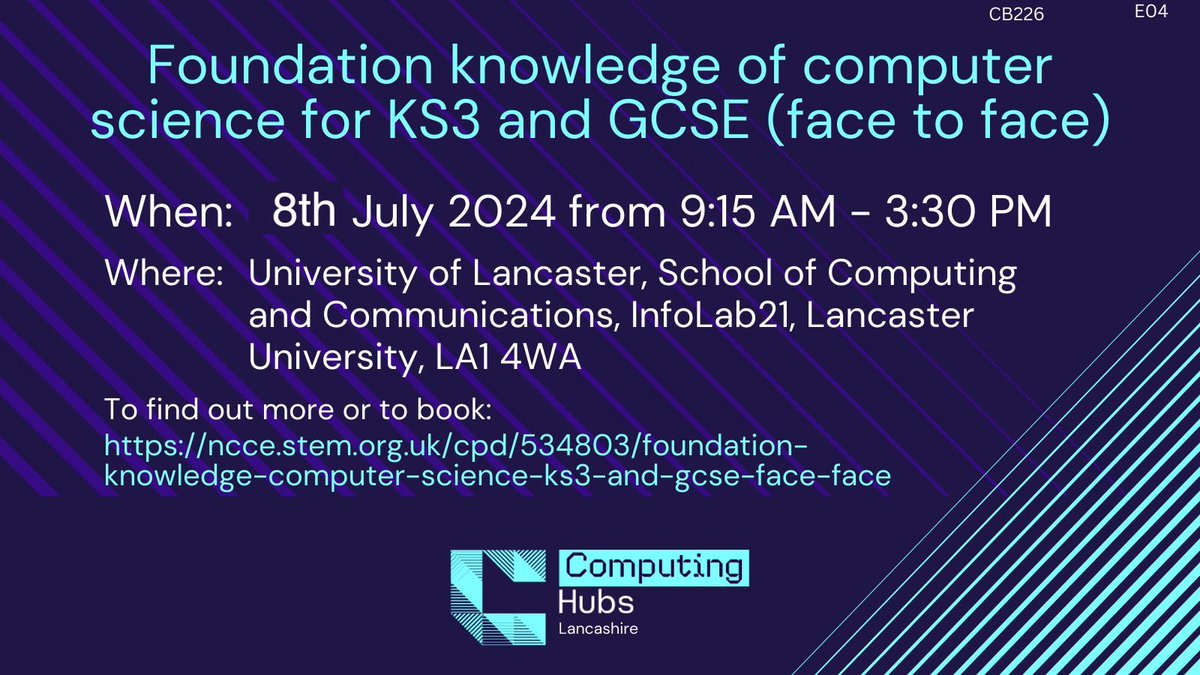 BWF_Comp_Ed's tweet image. Still time to join us on the 8th July at University of Lancaster for a day of computing subject knowledge for KS3.

Learn about the curriculum and the knowledge to being teaching #secondarycomputing

Fully-funded CPD.

ncce.stem.org.uk/cpd/534803/fou…