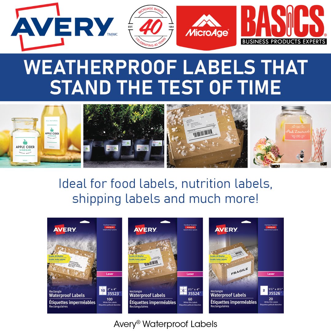MicroageG's tweet image. Ever had a label melt away at the first sign of
moisture? With Avery® Waterproof #Labels, those
days are over! Perfect for professionals who need
their labels to stick around, come rain or high water. #StayOrganized #MicroAgeBasics #Avery #officesupply