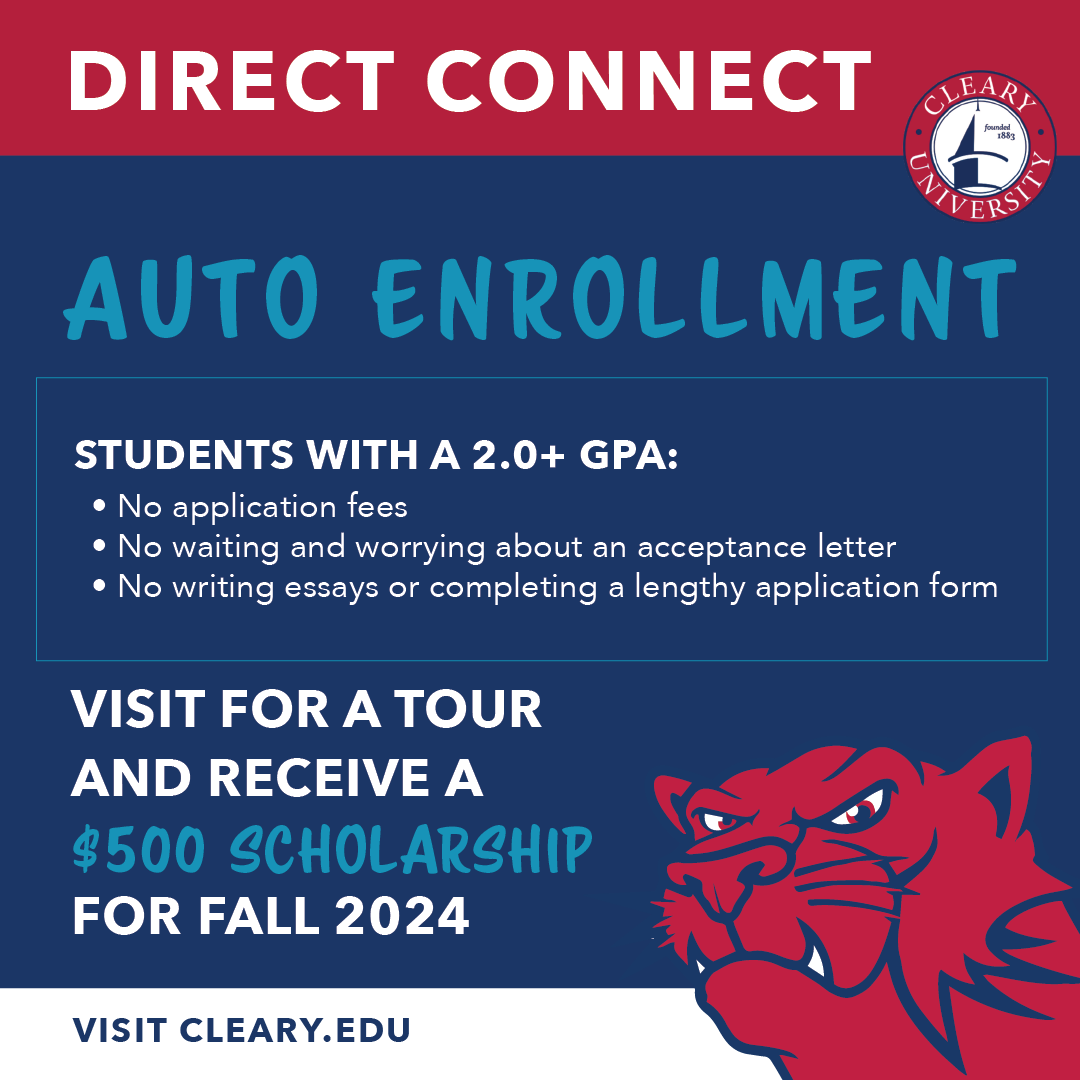 ClearyUniverse's tweet photo. It's not too late to come to Cleary this fall! Direct Connect makes it quick and easy. If you live in Livingston County, Mich. and have at least a 2.0 GPA you’ll get instant enrollment +$500 for a tour. Call 800-686-1883 or email admissions@cleary.edu. https://t.co/BEje0amlzd
