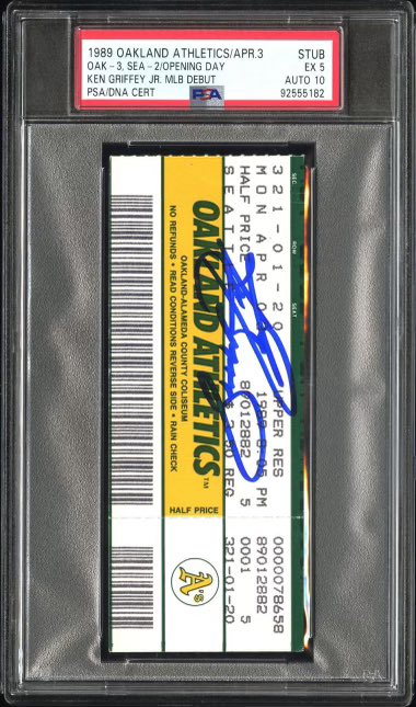SteveStindt's tweet photo. Just Graded Ticket @PSAcard. Griffey Debut with 10 Auto. Pop 17. 11 unsigned, 6 dual. Typically would see bigger Pop given Opening Day, 46k in attendance. Probably hundreds sitting in dusty dressers across America like so many other tickets to historic events. https://t.co/UYLuj5teqq