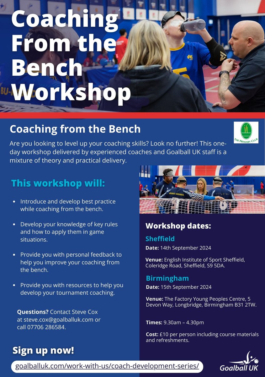Are you a goalball coach looking to improve your game? Then you should check out our new Coaching from the Bench Workshop taking place this September!

📅 14th Sep (Sheffield) &amp; 15th Sep (Birmingham)

Find out more, and sign up, here 👉 ow.ly/P4gS50SsLQ5