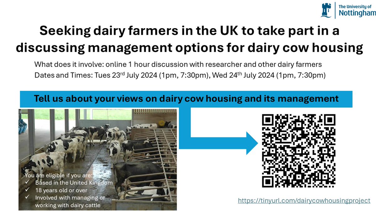 Jake Thompson (@jthompsonv1) on Twitter photo Calling UK dairy farmers! Would you be interested to inform research into dairy cow housing of the future? Please sign up to our research focus groups here: tinyurl.com/dairycowhousin…
<a href="/herdhealth/">RuminantPopnHealth</a> Calling UK dairy farmers! Would you be interested to inform research into dairy cow housing of the future? Please sign up to our research focus groups here: tinyurl.com/dairycowhousin…
<a href="/herdhealth/">RuminantPopnHealth</a>