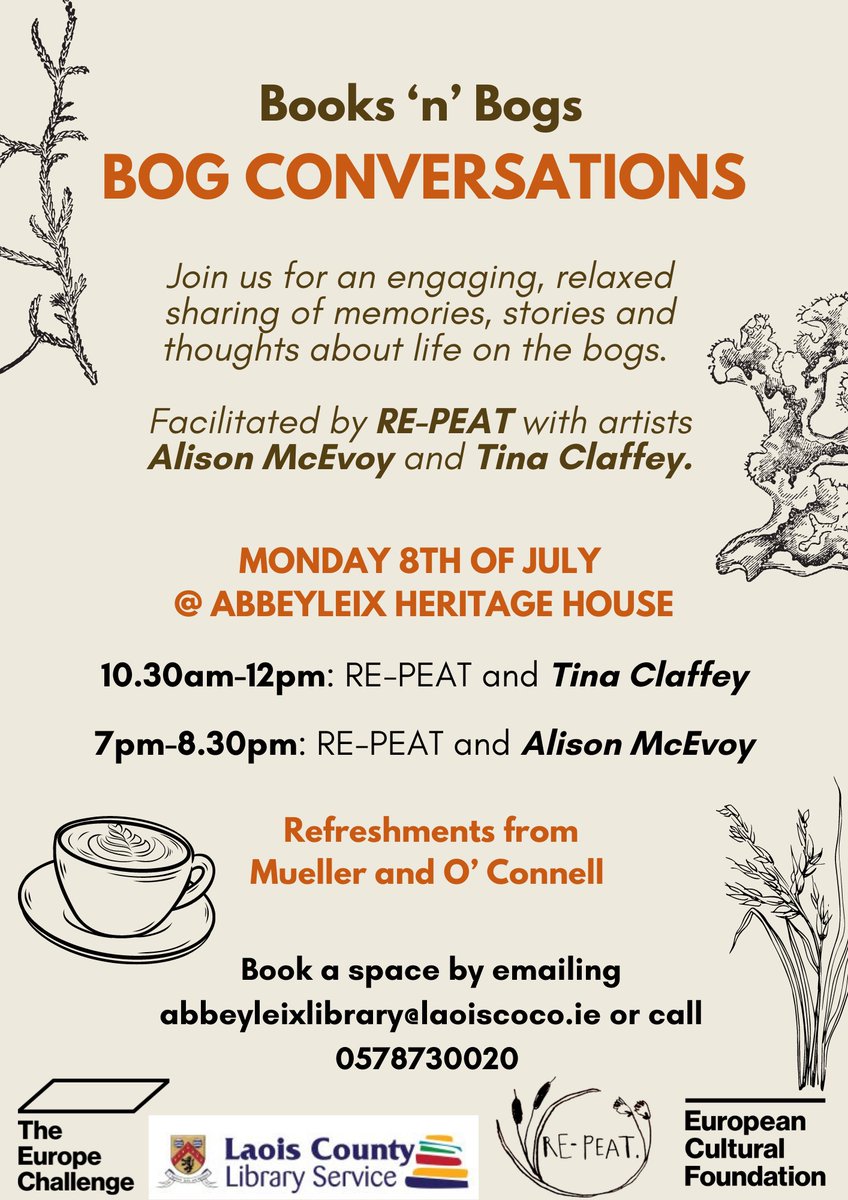 Community Wetlands Forum (@forum_wetlands) on Twitter photo Check out 'Books n Bogs' Bog Conversations <a href="/repeatearth/">re-peat.earth</a> event taking place in <a href="/abylxheritage/">Abbeyleix Heritage</a> on Monday.
Featuring conversations with artists <a href="/TinaClaffey/">TinaClaffeyPhoto</a> and Alison Mc Evoy.
To book a space email abbeyleixlibrary@laoiscoco.ie
<a href="/abbeyleixbog/">Abbeyleix Bog</a> <a href="/LaoisLibraries/">Laois Libraries</a> <a href="/laoisheritage/">Laois Heritage</a> Check out 'Books n Bogs' Bog Conversations <a href="/repeatearth/">re-peat.earth</a> event taking place in <a href="/abylxheritage/">Abbeyleix Heritage</a> on Monday.
Featuring conversations with artists <a href="/TinaClaffey/">TinaClaffeyPhoto</a> and Alison Mc Evoy.
To book a space email abbeyleixlibrary@laoiscoco.ie
<a href="/abbeyleixbog/">Abbeyleix Bog</a> <a href="/LaoisLibraries/">Laois Libraries</a> <a href="/laoisheritage/">Laois Heritage</a>