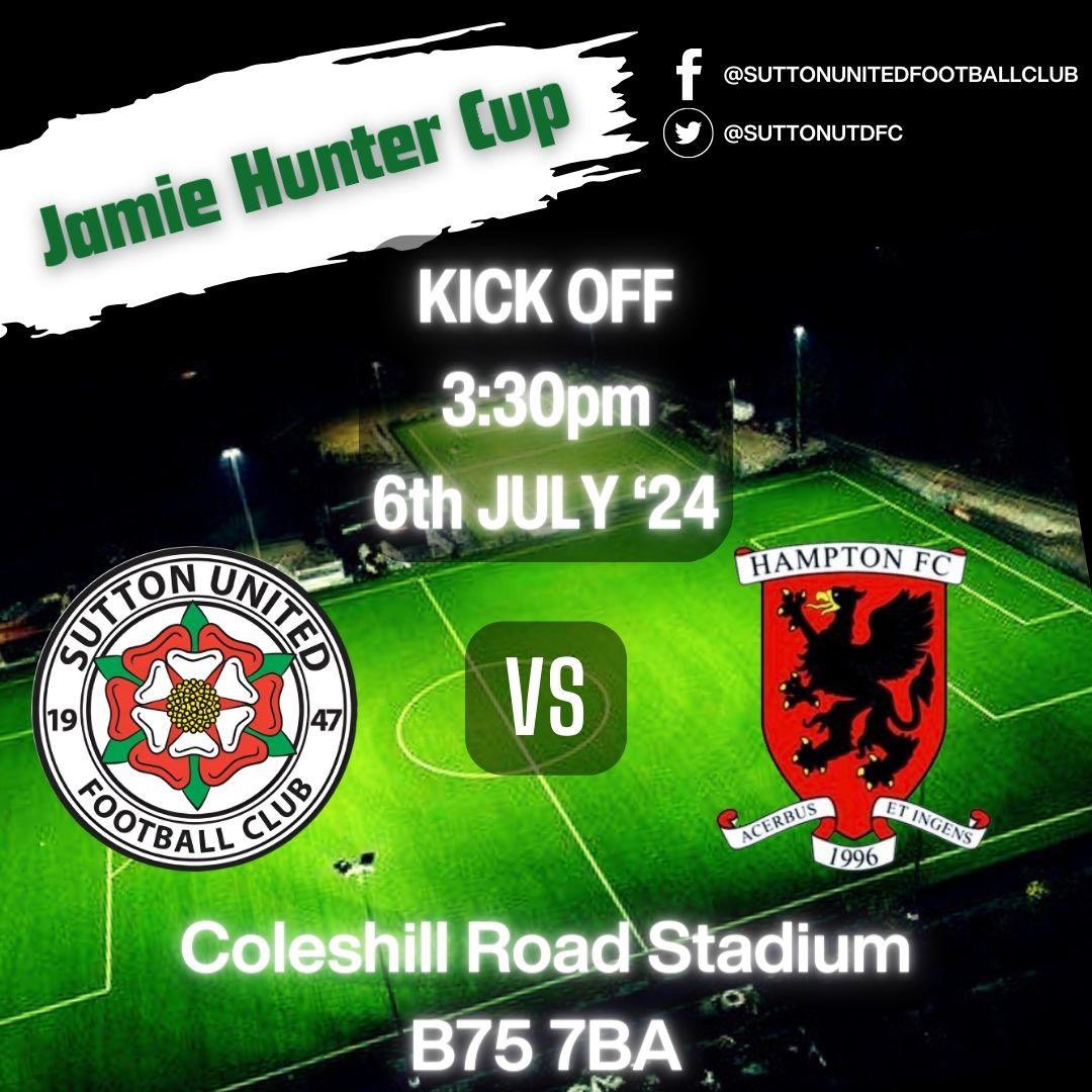 SuttonUtdFC's tweet photo. 🔥 1st Team Pre Season Game 🔥

Tomorrow we have a double header.

We play @chelmsleytown at 2pm and then @hampton_fc in the Jamie Hunter Cup straight after, both games on at Coleshill Road Stadium.

The bar is open, England will be on, it will be a great day.

Free entry. https://t.co/y687bqcOZn