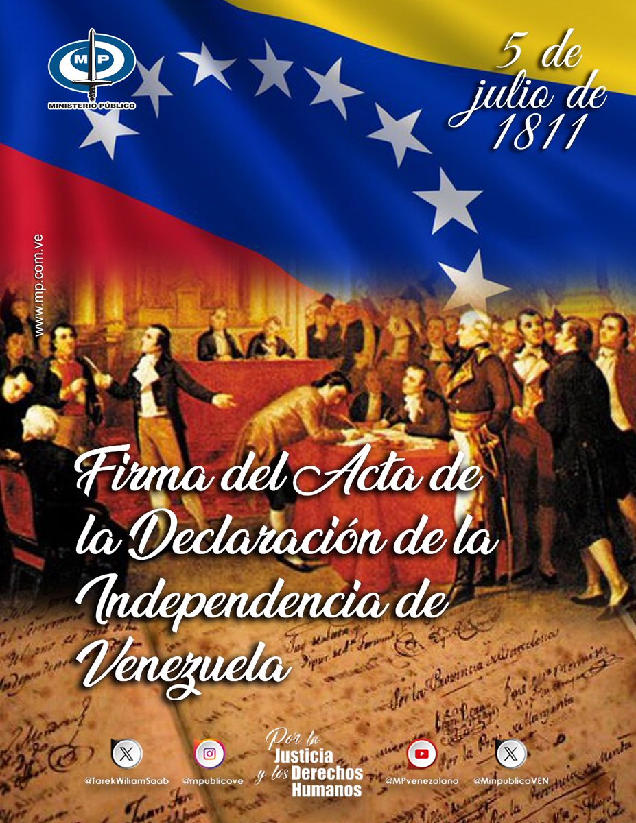 MinpublicoVEN's tweet photo. Hoy #5Jul al cumplirse 213 años de la Declaración de Independencia de Venezuela, enarbolamos la defensa de los principios fundamentales de la  #Democracia, la #Libertad y la #Paz. #PorLaJusticiaYLosDDHH https://t.co/gQX3dHCKlA