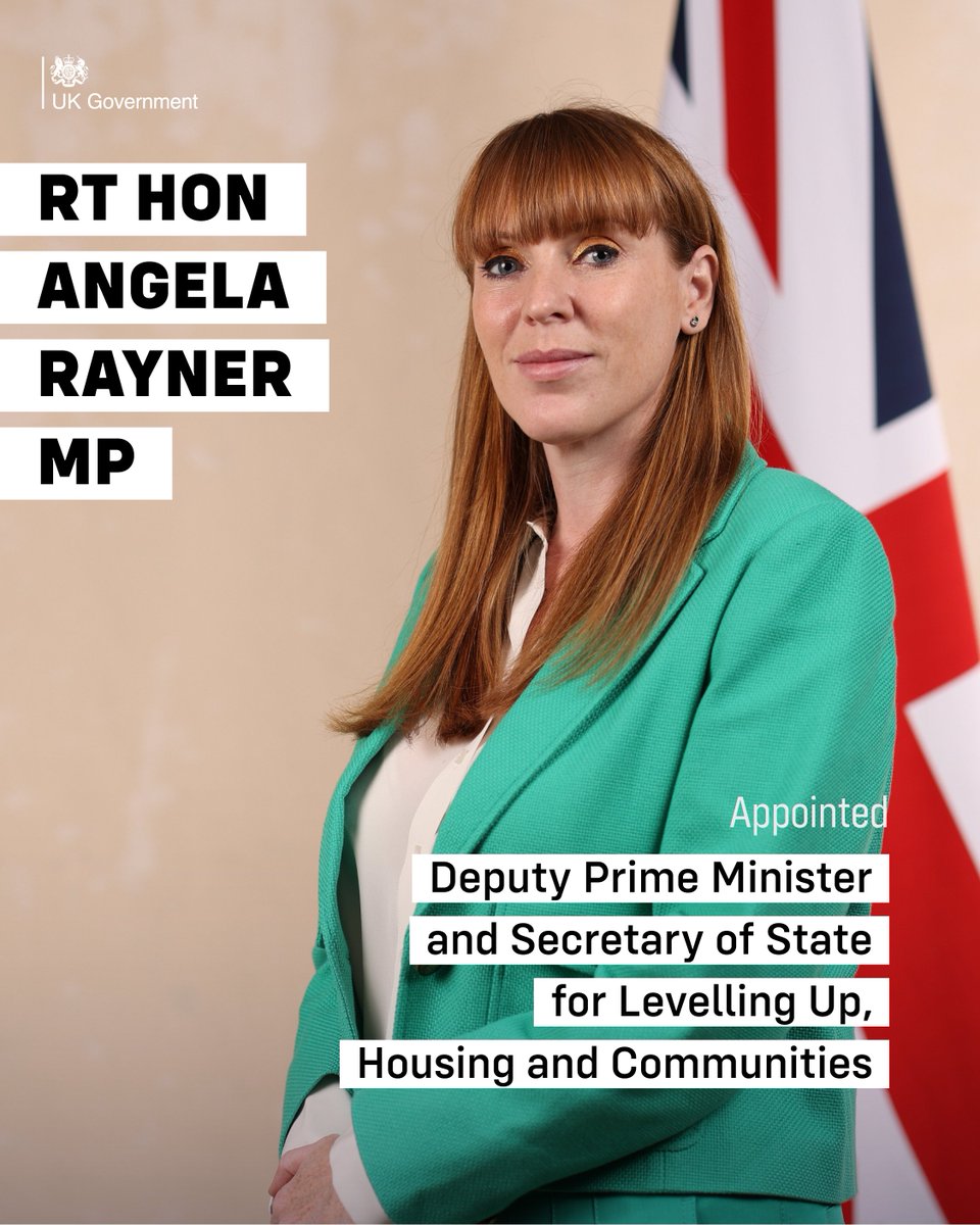 UK Prime Minister (@10downingstreet) on Twitter photo The Rt Hon Angela Rayner MP <a href="/AngelaRayner/">Angela Rayner</a> has been appointed Secretary of State for Levelling Up, Housing and Communities @luhc.
She will also be Deputy Prime Minister.
#Reshuffle The Rt Hon Angela Rayner MP <a href="/AngelaRayner/">Angela Rayner</a> has been appointed Secretary of State for Levelling Up, Housing and Communities @luhc.
She will also be Deputy Prime Minister.
#Reshuffle