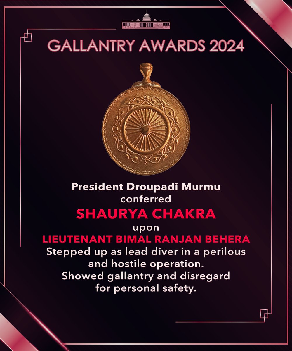 rashtrapatibhvn's tweet photo. President Droupadi Murmu conferred Shaurya Chakra upon Lieutenant Bimal Ranjan Behera. In March 2023, he stepped up fearlessly as a lead diver when ONGC reported an operational emergency in the Fuel Production Storage and Offloading vessel. He dived in a perilous and hostile diving operation showing gallantry and disregard for personal safety.