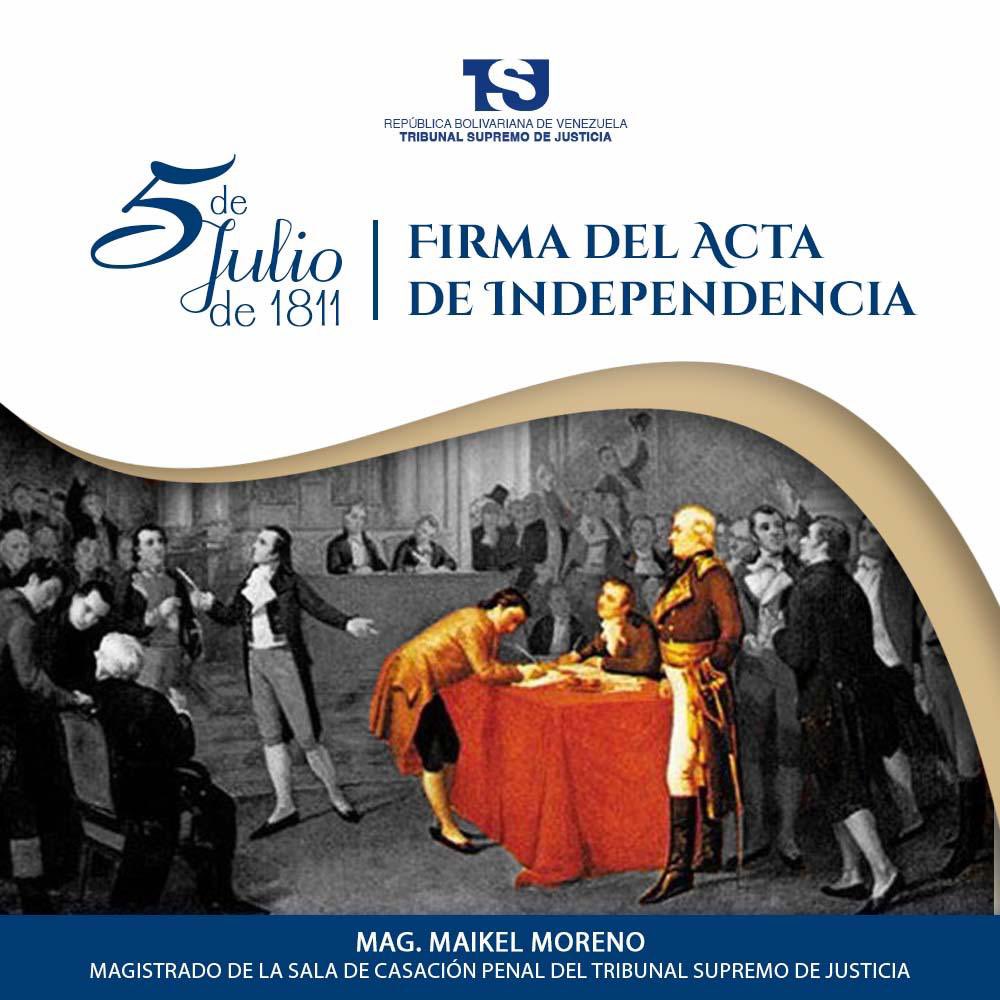 Hoy 5 de julio celebramos la Firma del Acta de la Independencia de Venezuela. Ratificamos nuestro compromiso con la garantía de la libertad e independencia de nuestra Patria grande y soberana. Siempre victoriosa. #5julio1811 #Venezuela #PoderJudicial