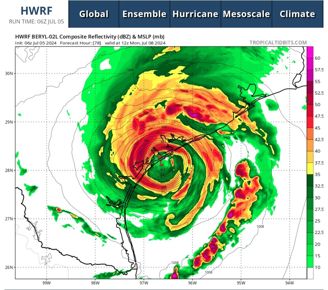 flimpct's tweet photo. #HWARF, #HMON, #HAFSA & #HFASB high res showing landfall from #SouthPadreIsland to just north of #CorpusChristi.
HMON shows the weakest which also shows 6 less hours over water. Weaker mean quicker forward #movement, stronger system may slow as it starts to approach the #TexasCoast and feels the incoming #trough.
Still seeing adjustments north in the global models and #NHC track. Eventually those will come to a halt as the pattern begins to lock in.
Start getting those #preperations in place for at least a strong #hurricane. Lots of questions as to how strong due to some limiting factors like light #shear and #dryair.
If I'm in #Galveston I am keeping very close 👀' on those northern trends.
#TropicsUpdate
#FLWX
#CentralFLWX
🌀✝️📡