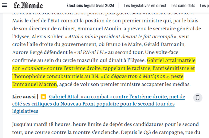 gchampeau's tweet photo. L'article du Monde laisse lourdement entendre que Macron voulait/veut le RN à Matignon et que c'est Gabriel Attal qui s'est opposé à cette folie en construisant ce qu'il a pu de front républicain, contre l'avis de l'Elysée.
https://t.co/jf3Wm9Ti5Z https://t.co/3VqfP9g6R2
