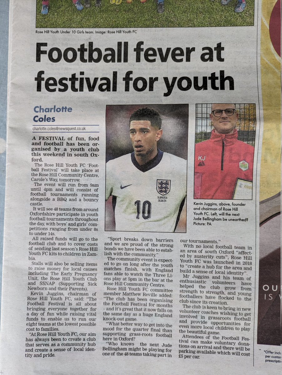 Matthew Reville (@matthewreville) on Twitter photo If you're in Oxford on Saturday, come down to the Rose Hill Youth FC 'Festival of Football' at the Community Centre on Carole's Way. Loads of fun things organised at an all-day party before the England game!
Thanks to <a href="/charcolesjourno/">Charlotte Coles</a> for the great coverage in <a href="/TheOxfordMail/">Oxford Mail</a>! 🙌 If you're in Oxford on Saturday, come down to the Rose Hill Youth FC 'Festival of Football' at the Community Centre on Carole's Way. Loads of fun things organised at an all-day party before the England game!
Thanks to <a href="/charcolesjourno/">Charlotte Coles</a> for the great coverage in <a href="/TheOxfordMail/">Oxford Mail</a>! 🙌