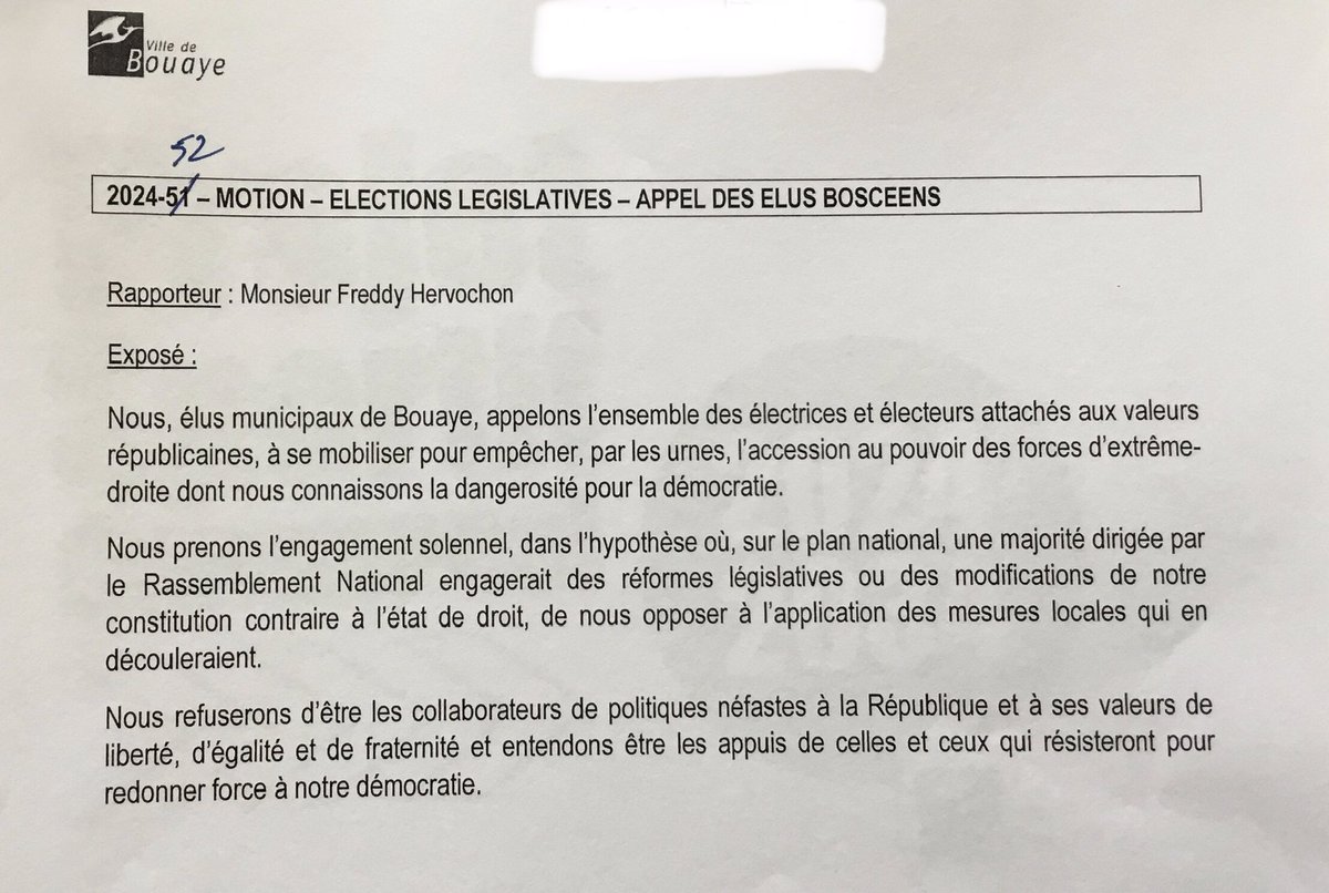 BouayeAvance's tweet photo. #CM #Bouaye : Face à la sidération des résultats du RN @JulienBoujot souhaite créer un électrochoc au sein du CM et quitte le groupe minoritaire : Motion contre l’extrême-droite qu’il a voté contrairement à la cheffe de l’opposition @PavageauSophie 2/2 https://t.co/c0gvRoTmee