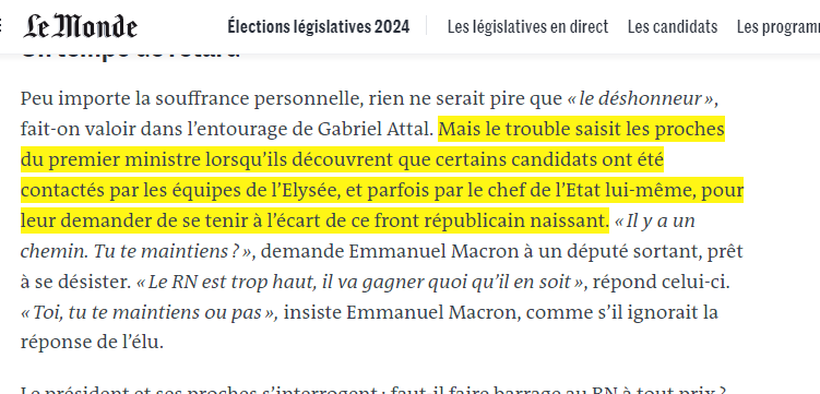 gchampeau's tweet photo. L'article du Monde laisse lourdement entendre que Macron voulait/veut le RN à Matignon et que c'est Gabriel Attal qui s'est opposé à cette folie en construisant ce qu'il a pu de front républicain, contre l'avis de l'Elysée.
https://t.co/jf3Wm9Ti5Z https://t.co/3VqfP9g6R2