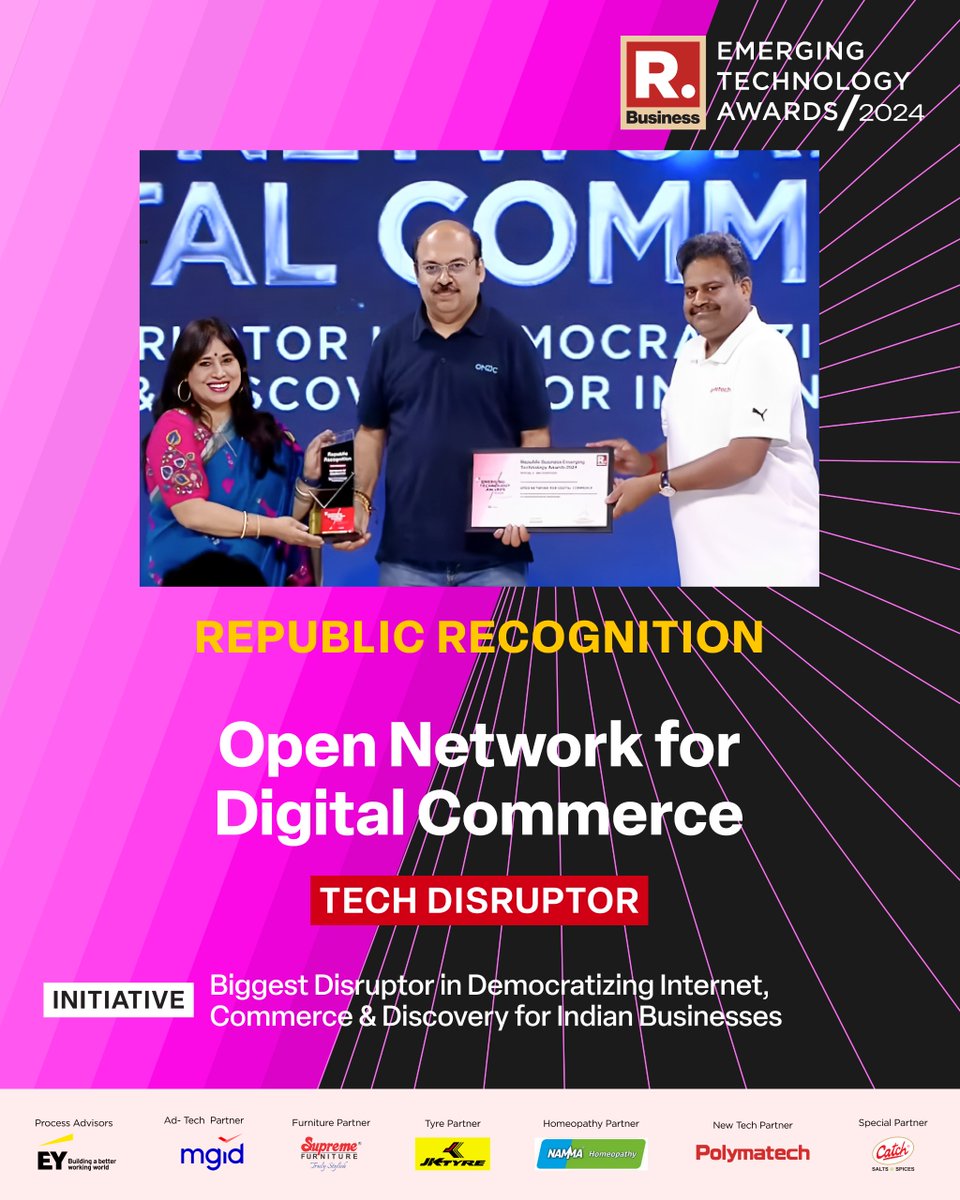 republic's tweet photo. #RBETA2024 | We are delighted to announce that Open Network for Digital Commerce has received the Republic Recognition award at the Republic Business Emerging Technology Awards in the Tech Disruptor category. Congratulations to the entire team of Open Network for Digital Commerce!
.
.
.
#DigitalIndia #TechEmpowerment #RBETA #RBETA2024 #TechAwards #Innovation #Digital #Innovate #RepublicMediaNetwork #technologyaawards #technology @ONDC_Official